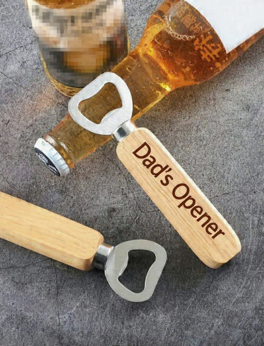 Dad's Opener laser engraved wooden bottle opener with gift box.